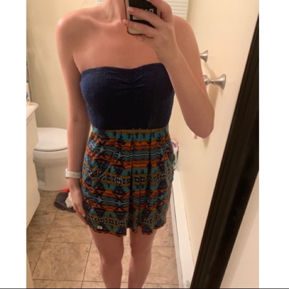 Billabong Strapless Tribal Print Orange/ Blue Dress with Pockets - Picture 2 of 7